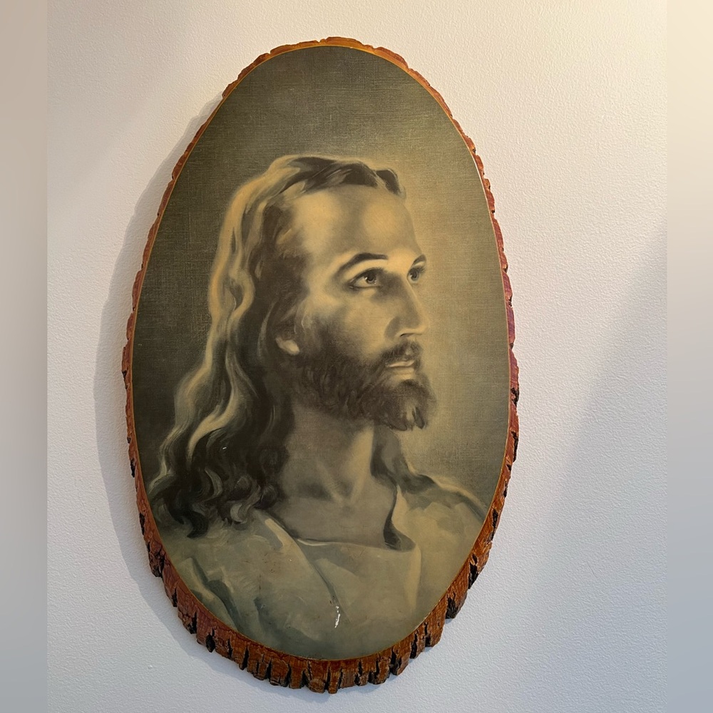 Vintage Jesus Picture Decoupage On Wood 19 x 12.5